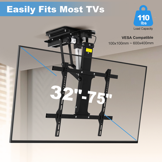 TOPSKY 360° Manual Swivel Motorized Ceiling TV Mount with 80° Electric Flip Down, Remote & App Control, 110 lbs Heavy Duty for 32–75” TVs, TV01.11(Flip Down + Swivel)
