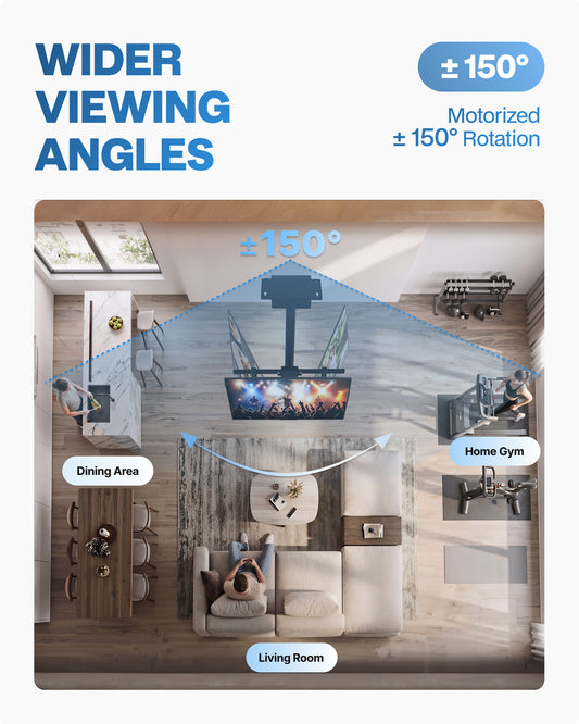 TOPSKY Motorized Ceiling TV Mount ±150° Swivel, Smart App & Remote Control, Fits 32–75 Inch TVs, Supports 110 lbs