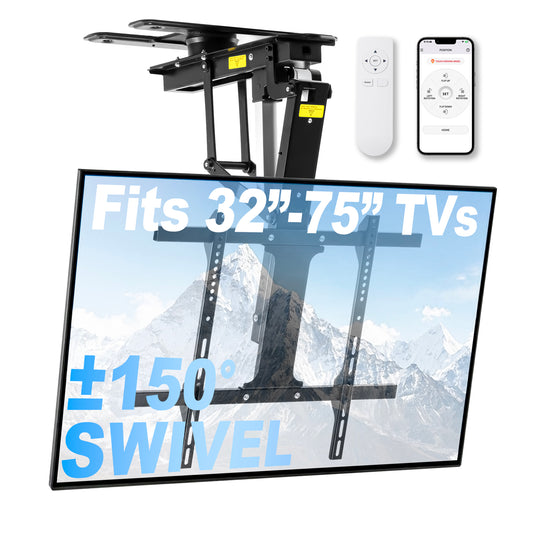 Motorized Ceiling TV Mount with 150° Ultra-Wide Swivel Rotation, Electric Flip Down TV Mount with App & Remote Control, Fits 32–75 Inch TVs up to 110 lbs, Quiet Overhead TV Bracket