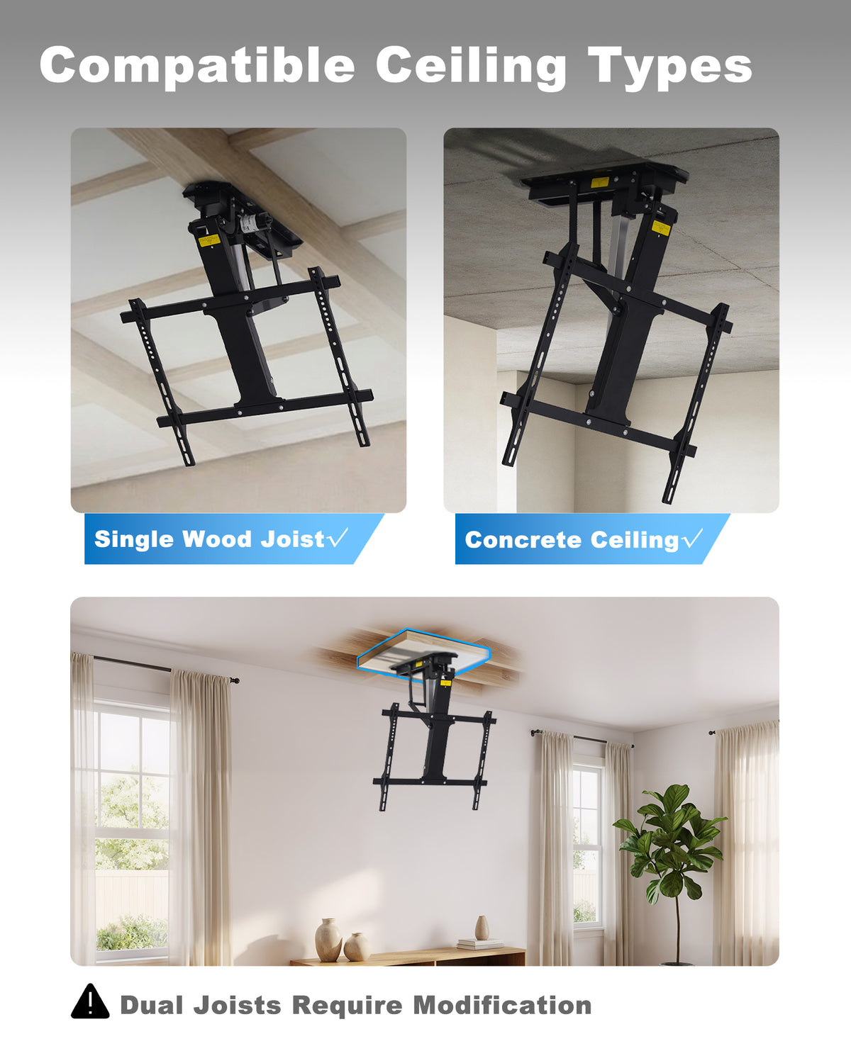 TOPSKY Electric Ceiling TV Mount with Remote, Motorized Drop Down TV Ceiling Mount for 32–70 Inch Flat & Curved TVs, Up to 88 lbs, VESA 600x400, Fits Flat & Pitched Ceilings, Black
