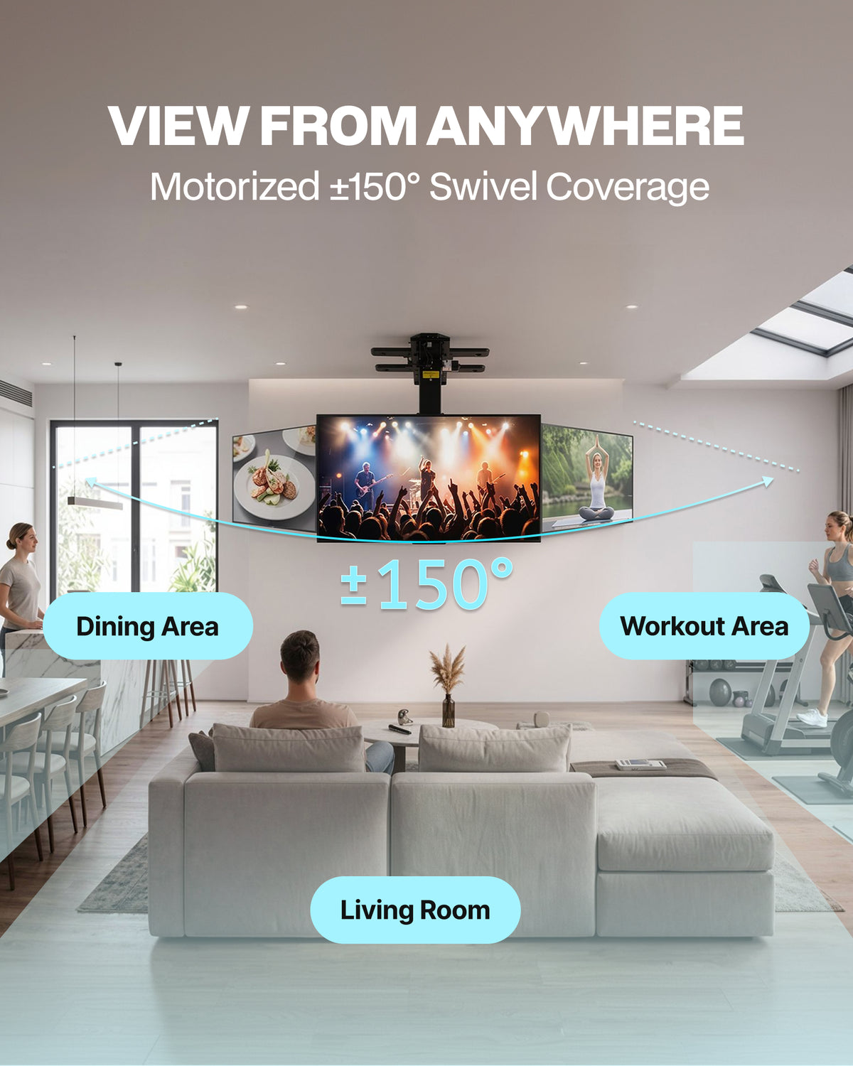 Motorized Ceiling TV Mount with 150° Ultra-Wide Swivel Rotation, Electric Flip Down TV Mount with App & Remote Control, Fits 32–75 Inch TVs up to 110 lbs, Quiet Overhead TV Bracket