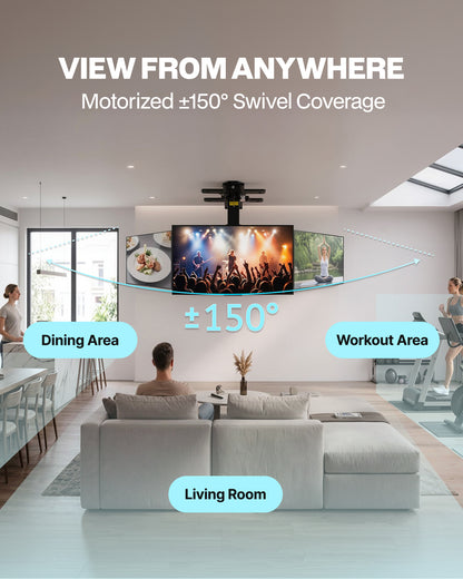 Motorized Ceiling TV Mount with 150° Ultra-Wide Swivel Rotation, Electric Flip Down TV Mount with App & Remote Control, Fits 32–75 Inch TVs up to 110 lbs, Quiet Overhead TV Bracket