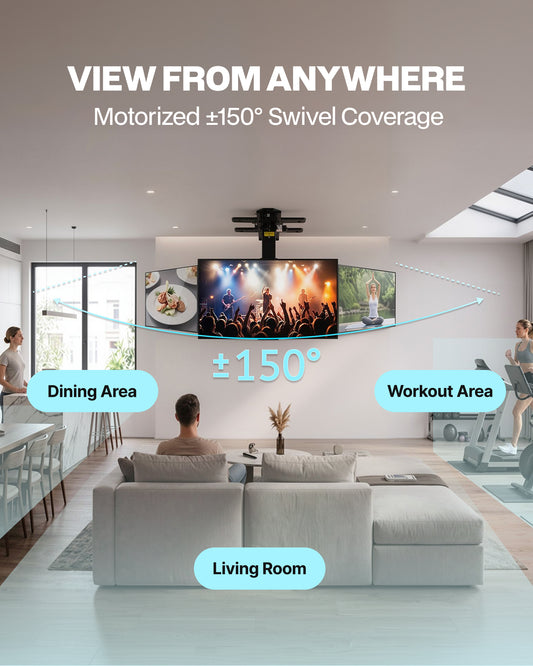 Motorized Ceiling TV Mount with 150° Ultra-Wide Swivel Rotation, Electric Flip Down TV Mount with App & Remote Control, Fits 32–75 Inch TVs up to 110 lbs, Quiet Overhead TV Bracket