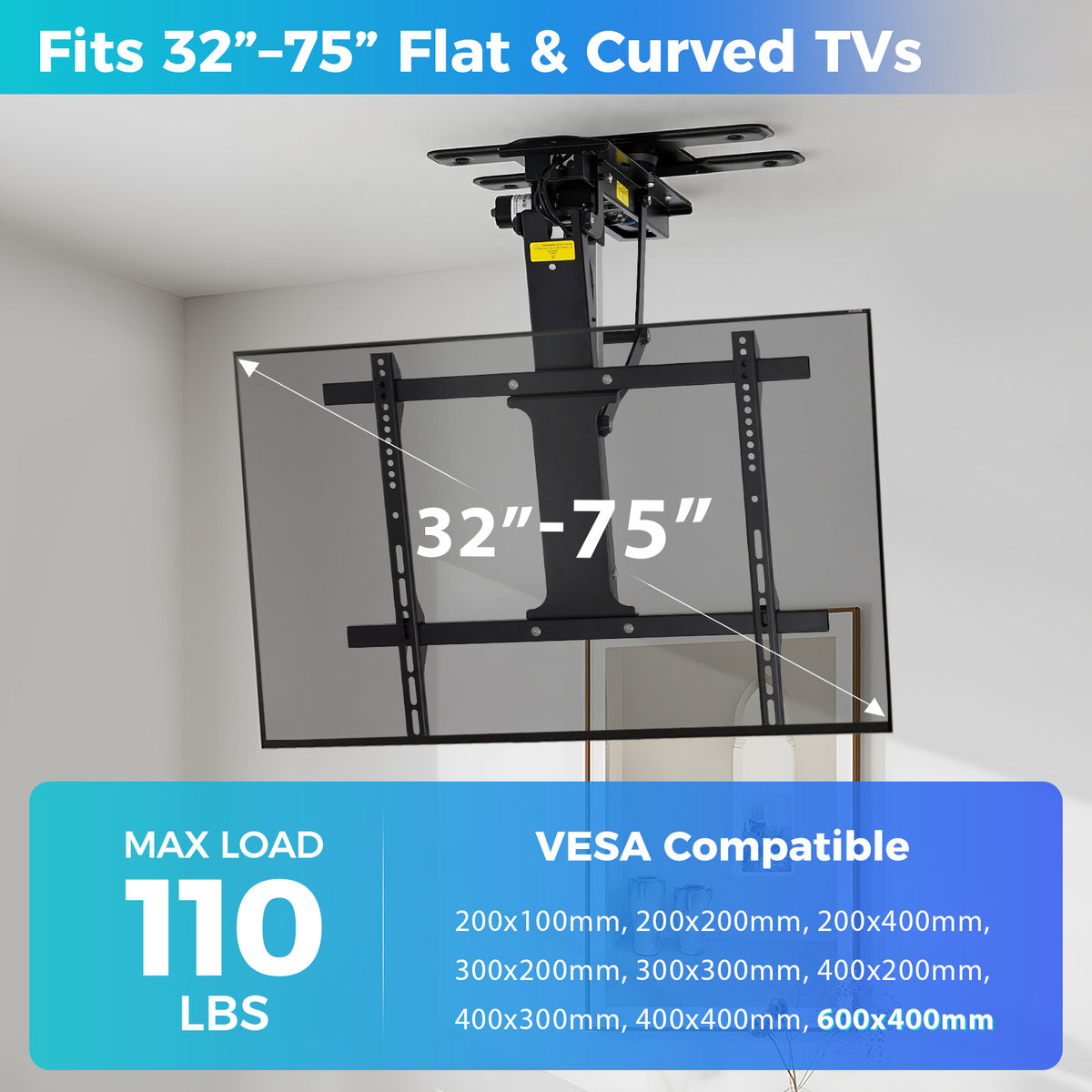 TOPSKY Motorized Ceiling TV Mount with ±90° Swivel, App & Remote Control