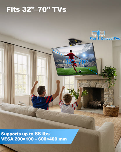 TOPSKY Electric Ceiling TV Mount with Remote, Motorized Drop Down TV Ceiling Mount for 32–70 Inch Flat & Curved TVs, Up to 88 lbs, VESA 600x400, Fits Flat & Pitched Ceilings, Black