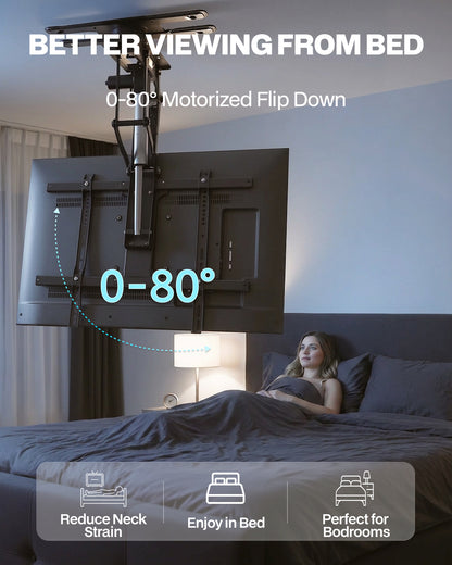 Motorized Ceiling TV Mount with 150° Ultra-Wide Swivel Rotation, Electric Flip Down TV Mount with App & Remote Control, Fits 32–75 Inch TVs up to 110 lbs, Quiet Overhead TV Bracket