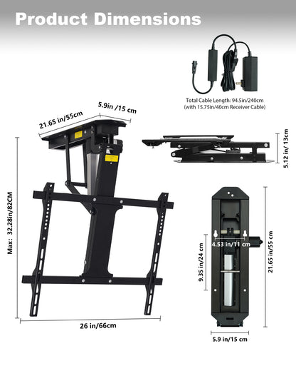 TOPSKY Electric Ceiling TV Mount with Remote, Motorized Drop Down TV Ceiling Mount for 32–70 Inch Flat & Curved TVs, Up to 88 lbs, VESA 600x400, Fits Flat & Pitched Ceilings, Black