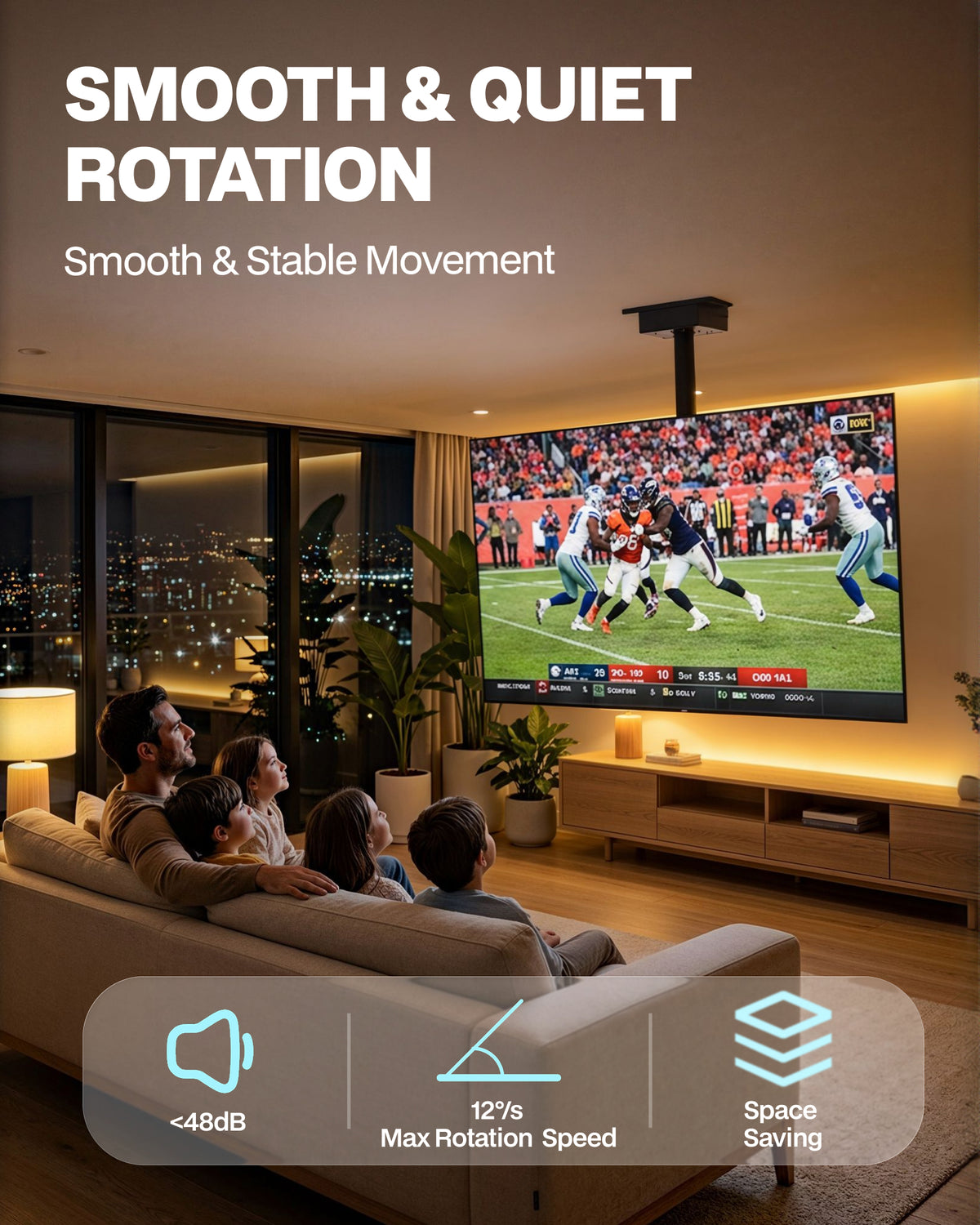 TOPSKY Motorized Ceiling TV Mount ±150° Swivel, Smart App & Remote Control, Fits 32–75 Inch TVs, Supports 110 lbs