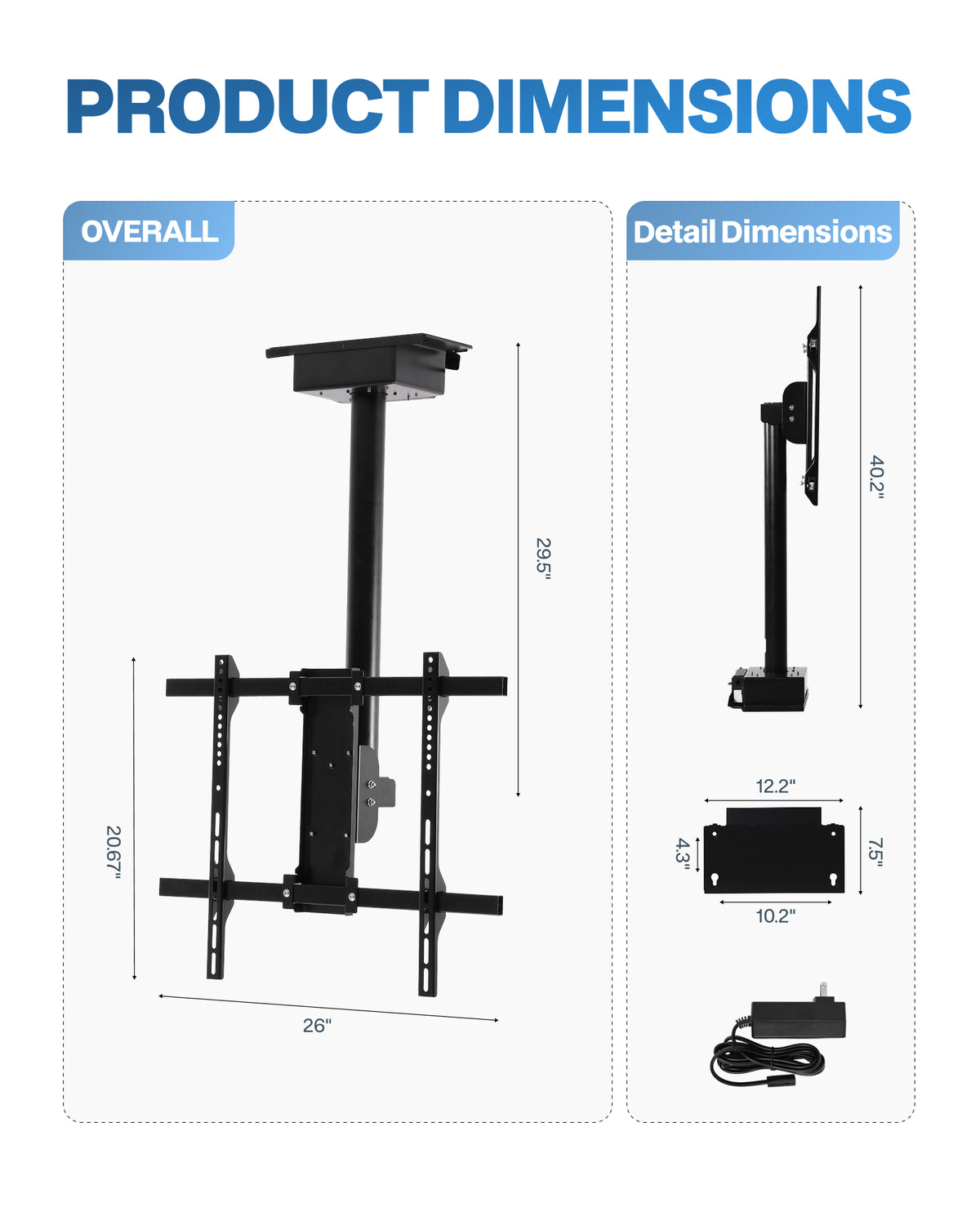 TOPSKY Motorized Ceiling TV Mount ±150° Swivel, Smart App & Remote Control, Fits 32–75 Inch TVs, Supports 110 lbs