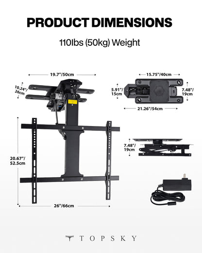 Motorized Ceiling TV Mount with 150° Ultra-Wide Swivel Rotation, Electric Flip Down TV Mount with App & Remote Control, Fits 32–75 Inch TVs up to 110 lbs, Quiet Overhead TV Bracket